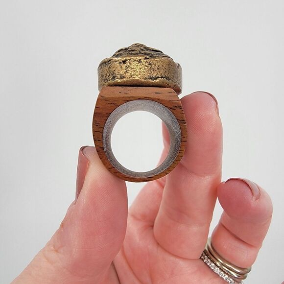 J.Fein Size 7 Boho Gilt Bronze Large High Profile Wooden Statement Ring - Picture 11 of 13